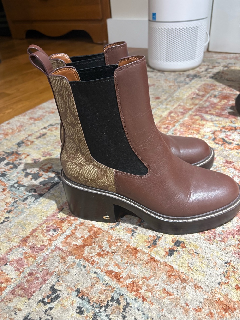 Coach Brown Leather Chelsea Platform Boots with Signature Canvas Panel